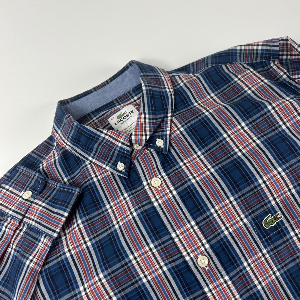Lacoste Men's 42 (L) Blue Red Casual Fit Long Sleeve Button Down Plaid Shirt